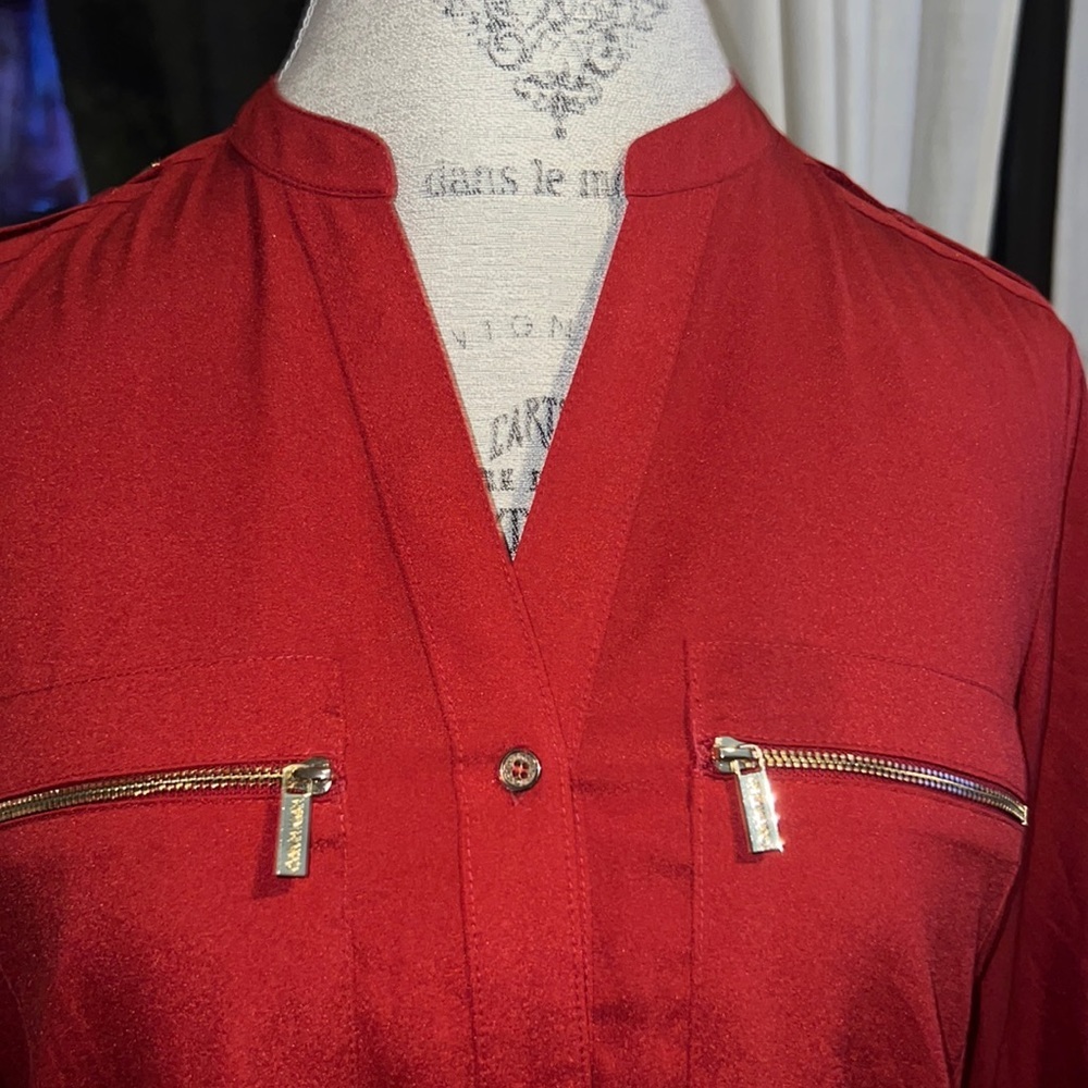 Calvin Klein burnt orange gold metal zipper button down women’s blouse Small​ - Picture 2 of 8